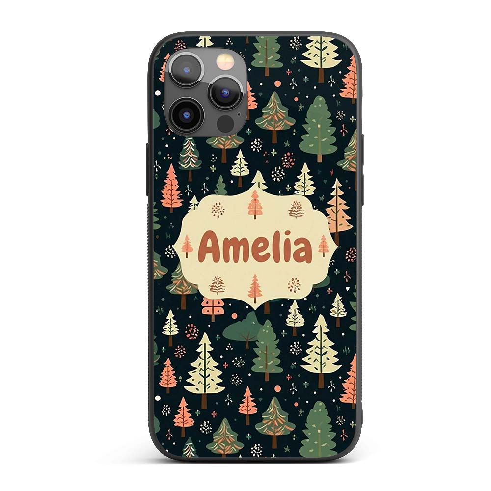 Winter Forest Christmas Trees with Snowflakes on Custom Name Protective Phone Case Mobile Cover Durable Everyday Smartphone Shock Resistant
