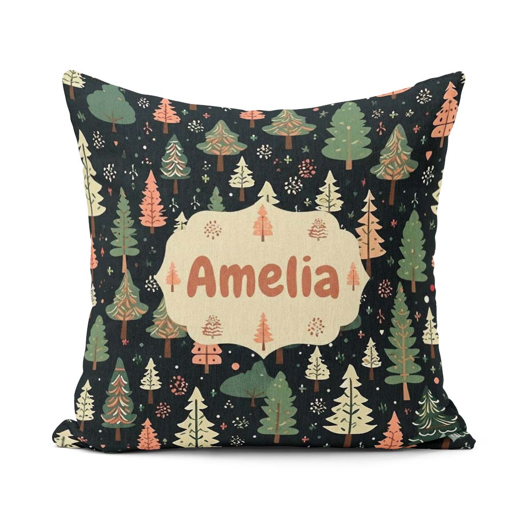 Custom Name Winter Christmas Trees with Snowflakes on Background Square Filled Cushion Throw Pillow Sofa Bed Home Decor Zip Washable UK Made