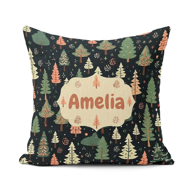 Custom Name Winter Christmas Trees with Snowflakes on Background Square Filled Cushion Throw Pillow Sofa Bed Home Decor Zip Washable UK Made