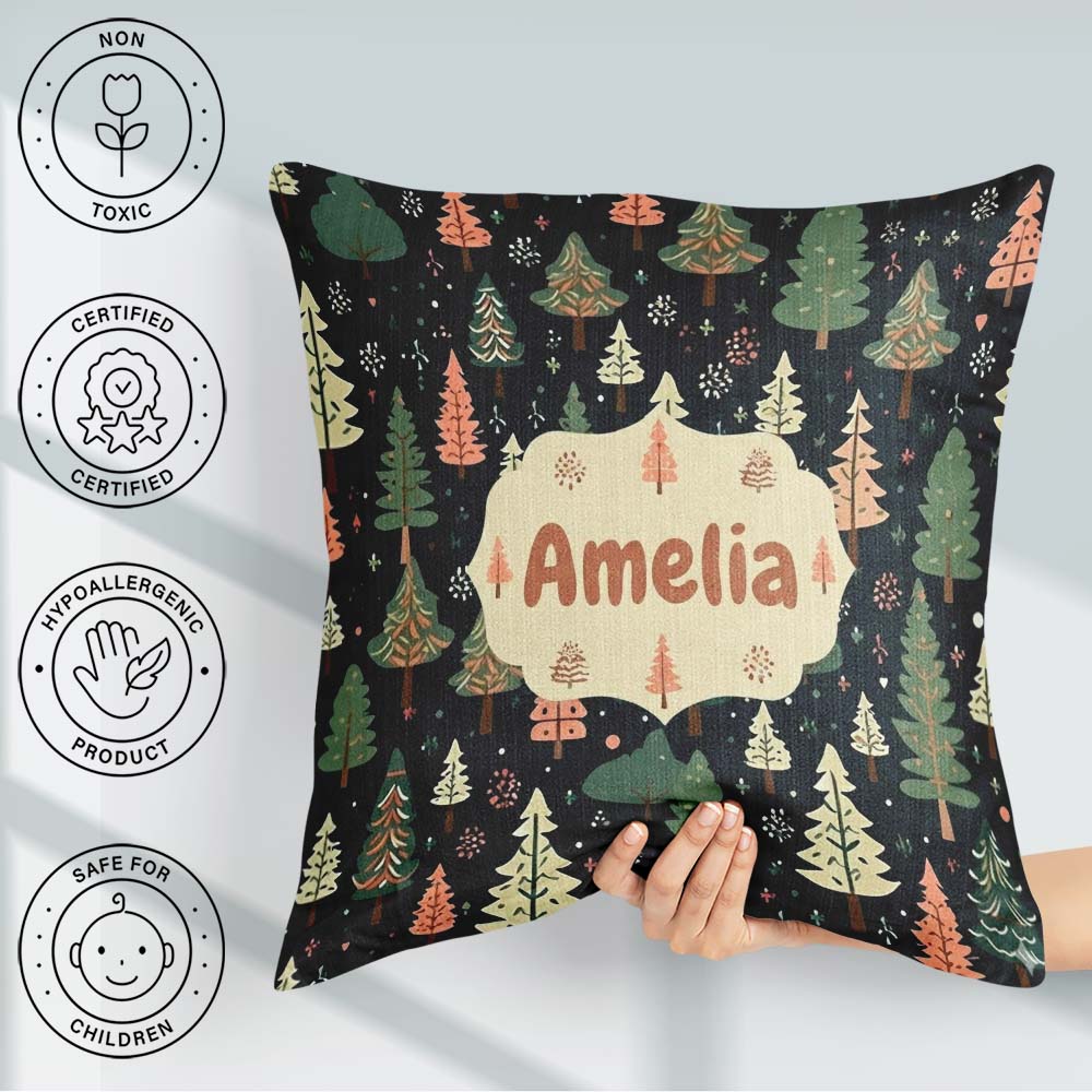 Custom Name Winter Christmas Trees with Snowflakes on Background Square Filled Cushion Throw Pillow Sofa Bed Home Decor Zip Washable UK Made