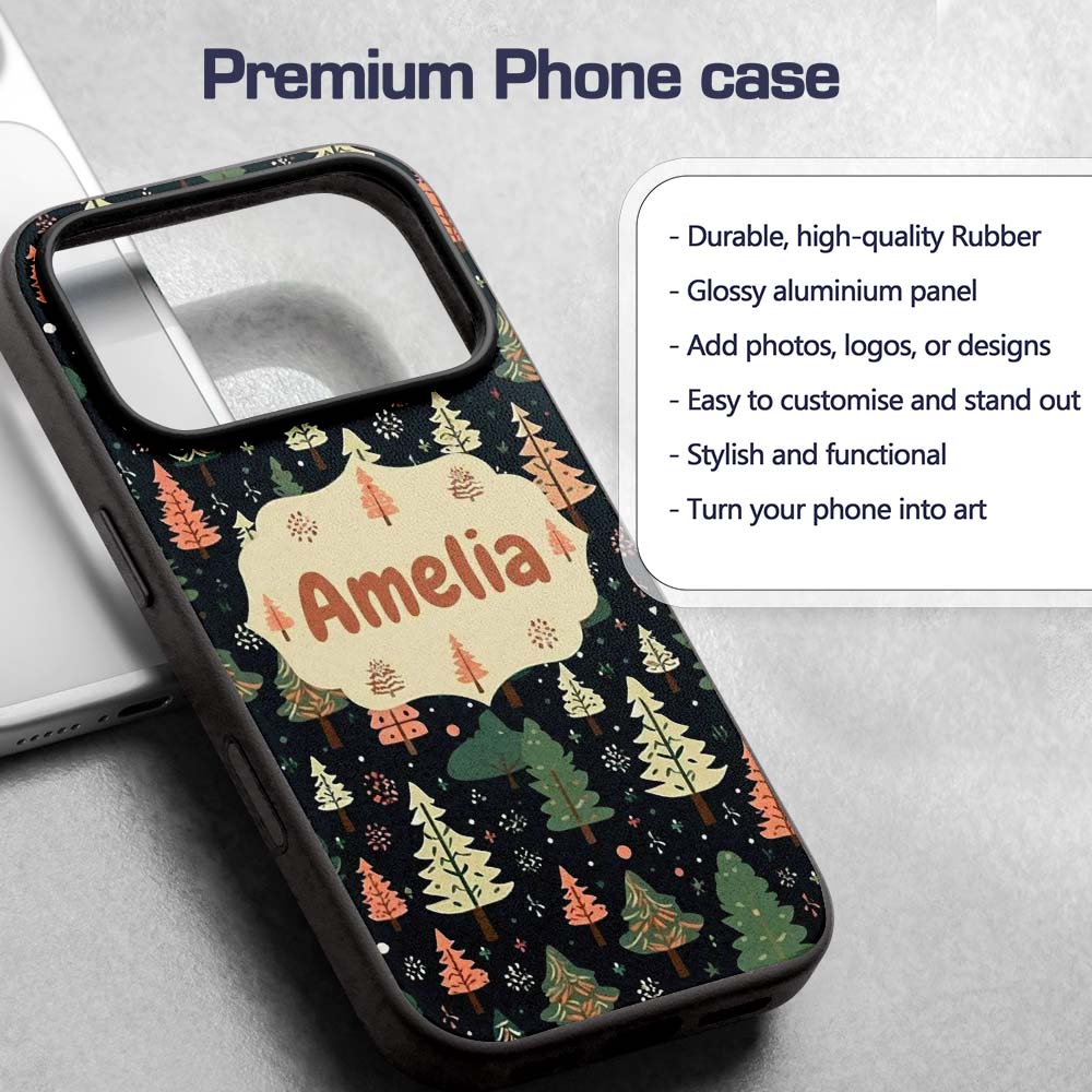 Winter Forest Christmas Trees with Snowflakes on Custom Name Protective Phone Case Mobile Cover Durable Everyday Smartphone Shock Resistant