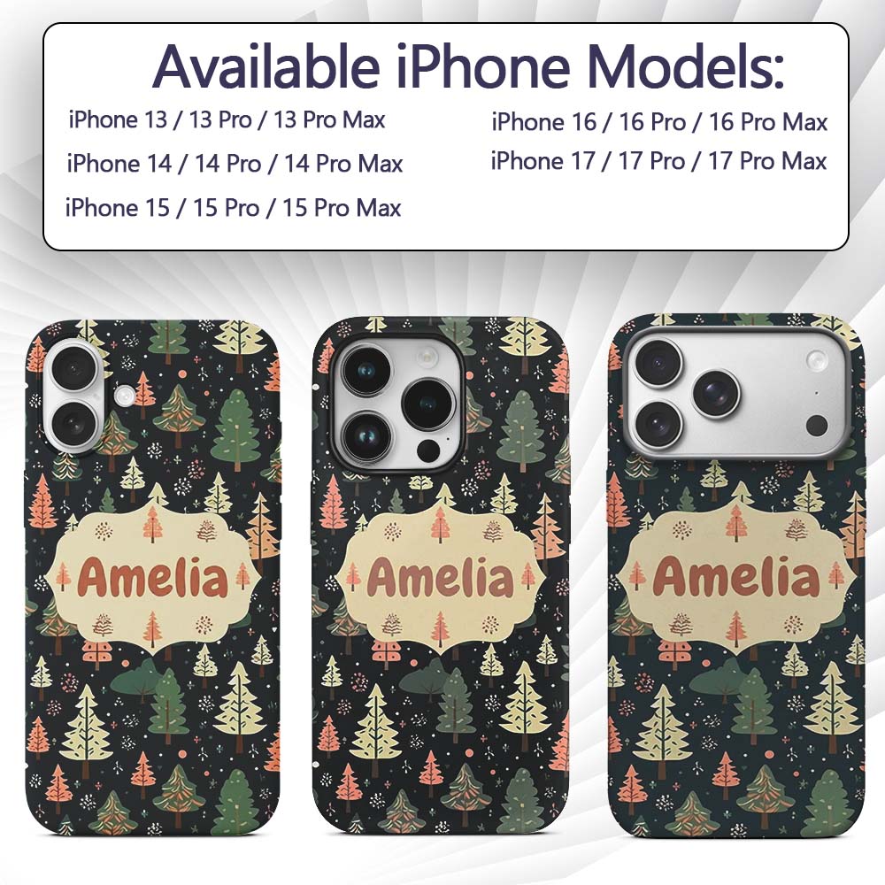 Winter Forest Christmas Trees with Snowflakes on Custom Name Protective Phone Case Mobile Cover Durable Everyday Smartphone Shock Resistant