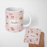 Personalized Custom Name Forest Animals Bear Deer Fox Owl Raccoon on Blush Pink Seamless 11oz Ceramic Coffee Tea Mug White Large Handle