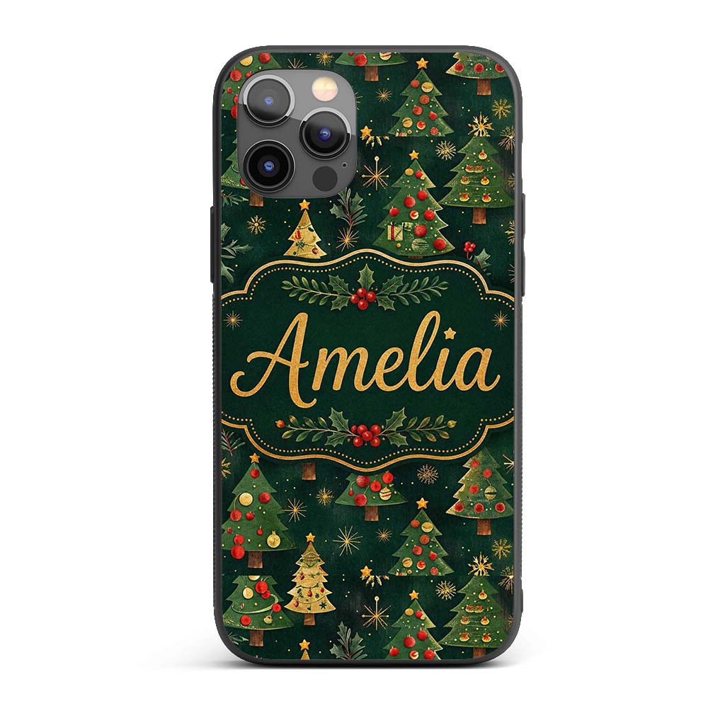 Vintage Christmas Trees with Red Gold Ornaments Custom Name Protective Phone Case Mobile Cover Durable Everyday Smartphone Shock Resistant