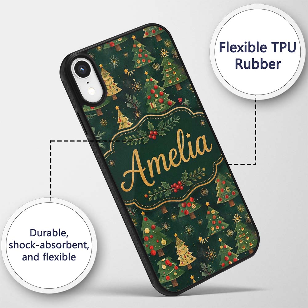 Vintage Christmas Trees with Red Gold Ornaments Custom Name Protective Phone Case Mobile Cover Durable Everyday Smartphone Shock Resistant
