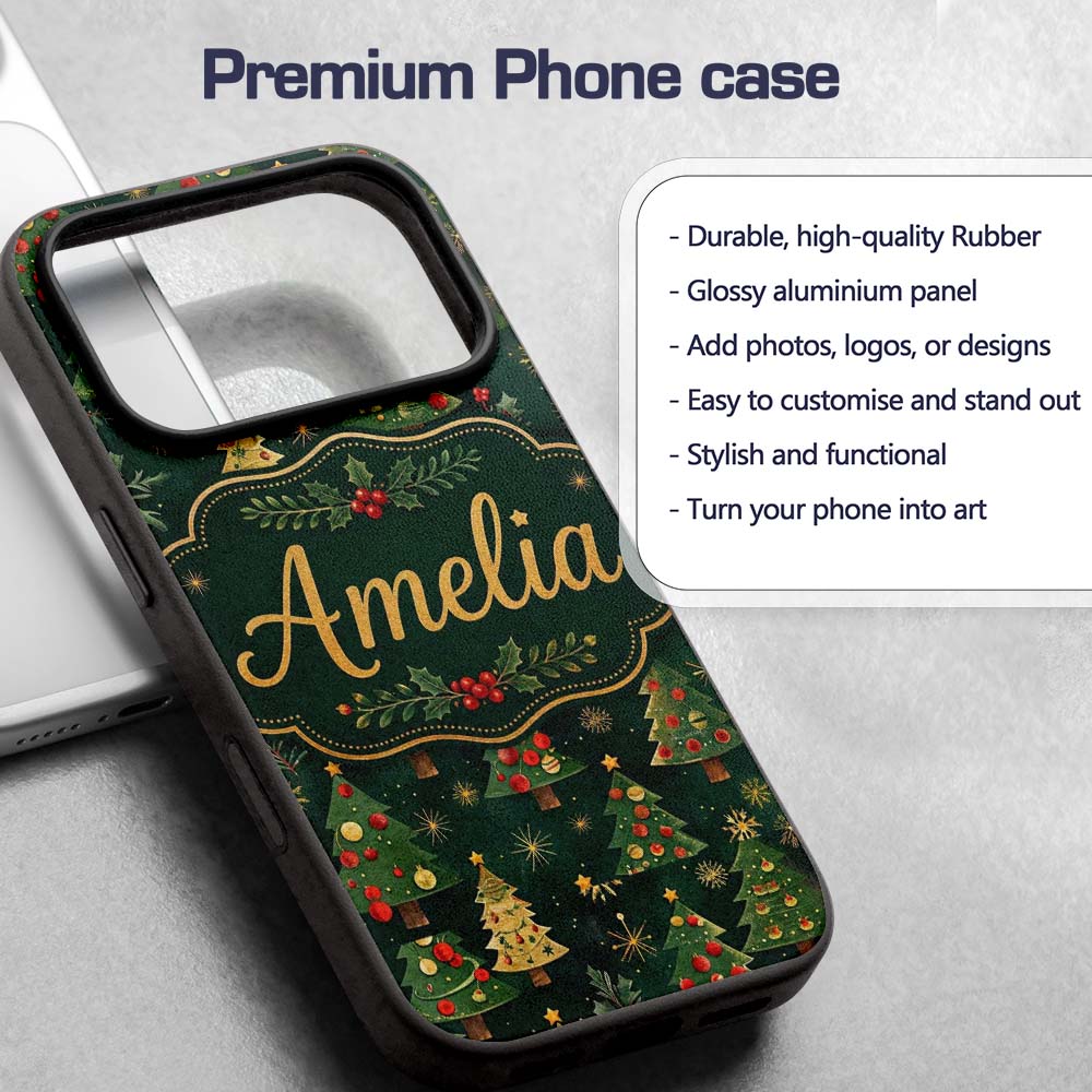 Vintage Christmas Trees with Red Gold Ornaments Custom Name Protective Phone Case Mobile Cover Durable Everyday Smartphone Shock Resistant