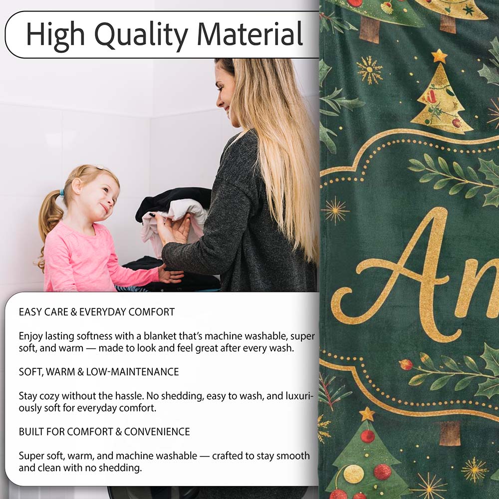 Vintage Christmas Trees with Red Gold Ornaments and Festive Stars  Personalised Custom Name Super Soft Fleece Blanket Bed Sofa Throw