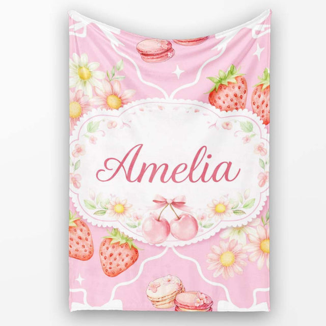Strawberry Cherry Daisy Seamless Bright Pink Cute Coquette Floral  Personalised Custom Name Super Soft Fleece Blanket Bed Sofa Throw