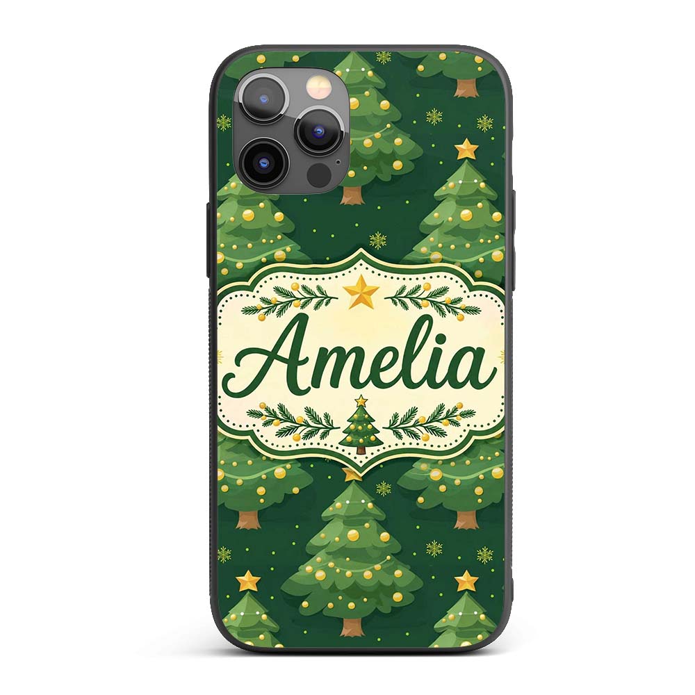 Cartoon Christmas Trees with Golden Baubles and Custom Name Protective Phone Case Mobile Cover Durable Everyday Smartphone Shock Resistant