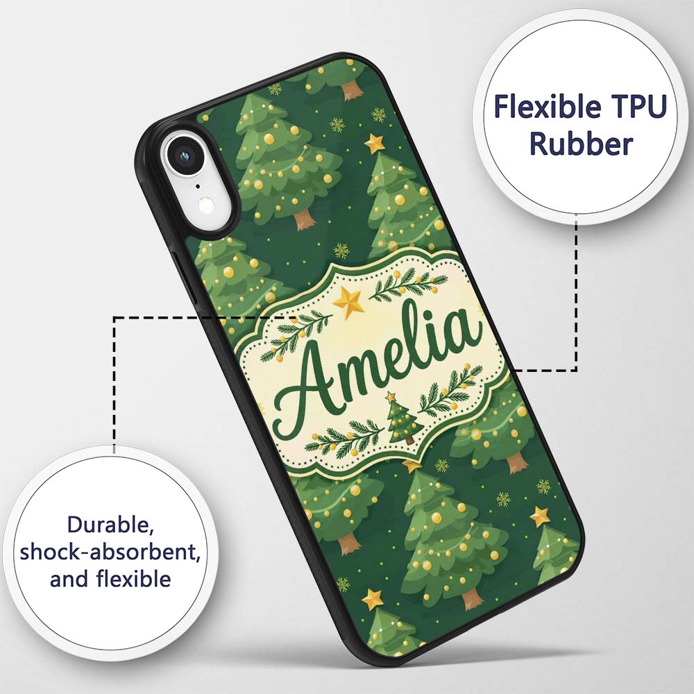 Cartoon Christmas Trees with Golden Baubles and Custom Name Protective Phone Case Mobile Cover Durable Everyday Smartphone Shock Resistant