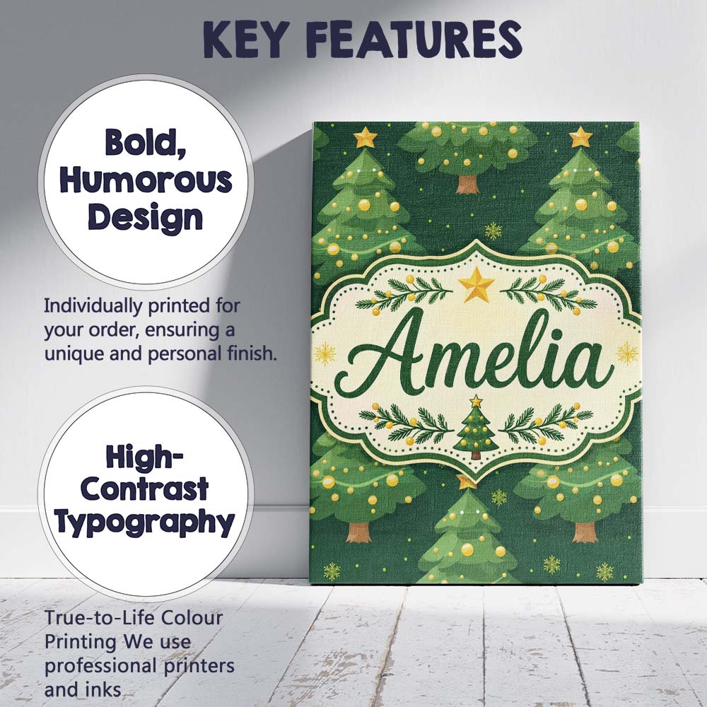 Personalised Name Cartoon Christmas Trees Custom  Unique Gift Idea Elegant Feature Canvas Wall Art Print Decor Picture Ready to Hang