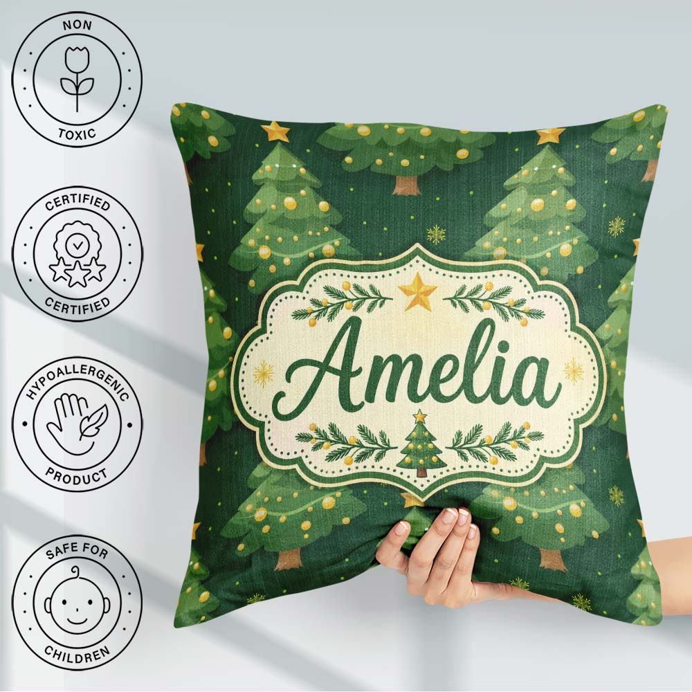 Custom Name Cartoon Trees with Golden Baubles and Stars Seamless Square Filled Cushion Throw Pillow Sofa Bed Home Decor Zip Washable UK Made