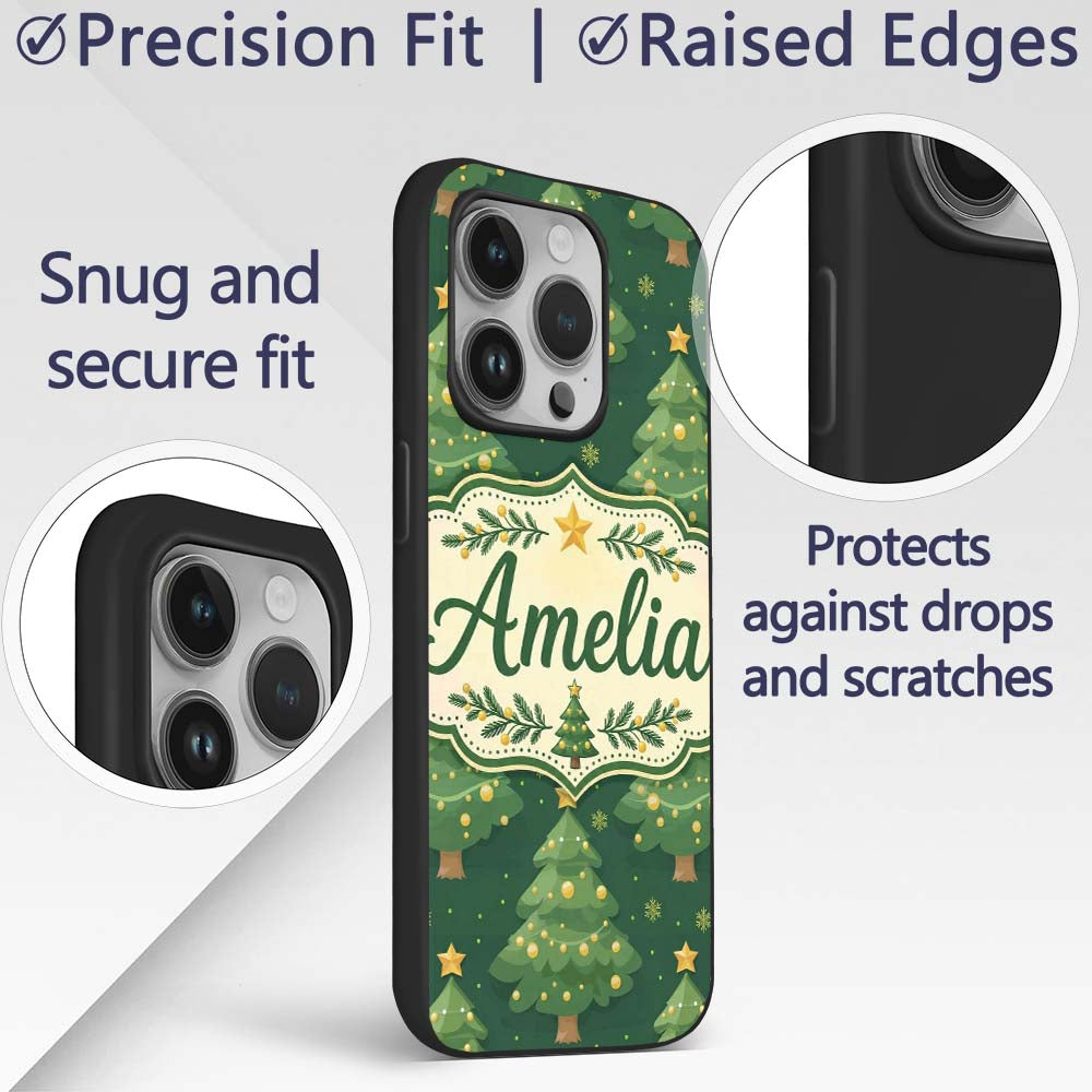 Cartoon Christmas Trees with Golden Baubles and Custom Name Protective Phone Case Mobile Cover Durable Everyday Smartphone Shock Resistant
