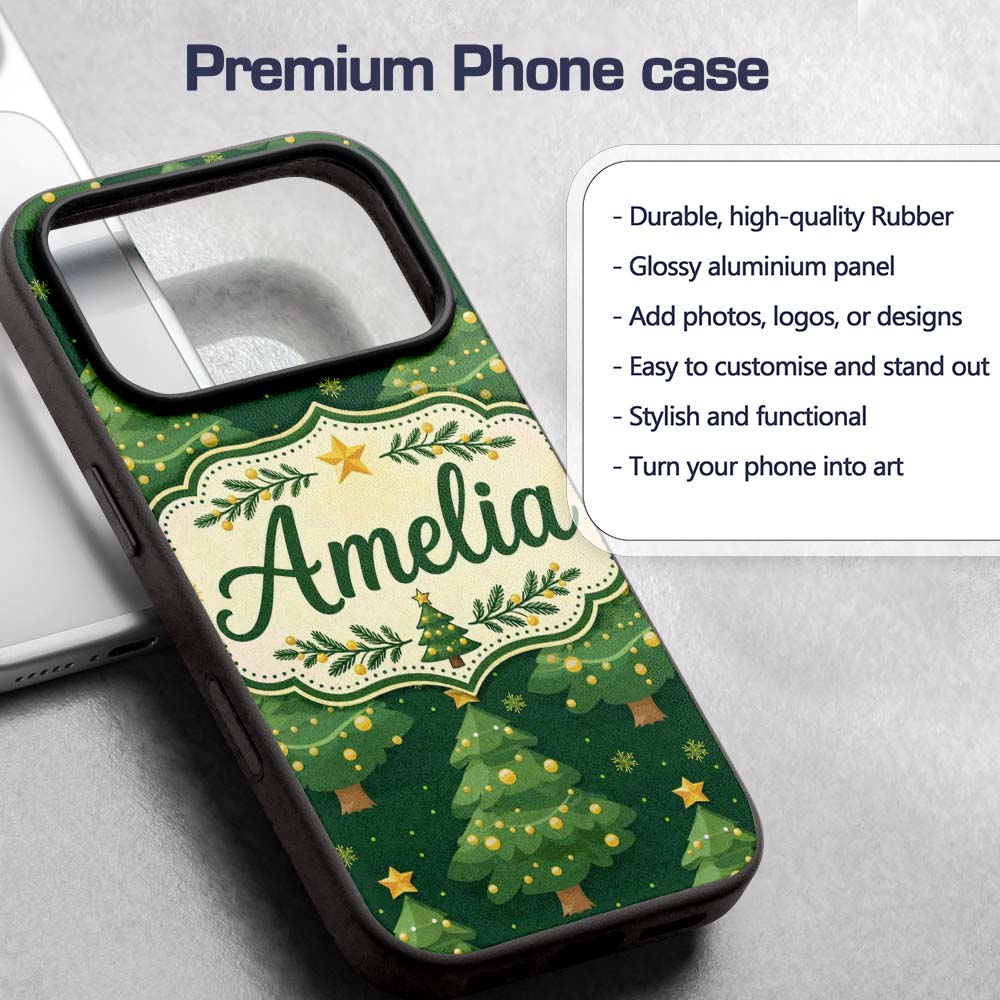 Cartoon Christmas Trees with Golden Baubles and Custom Name Protective Phone Case Mobile Cover Durable Everyday Smartphone Shock Resistant