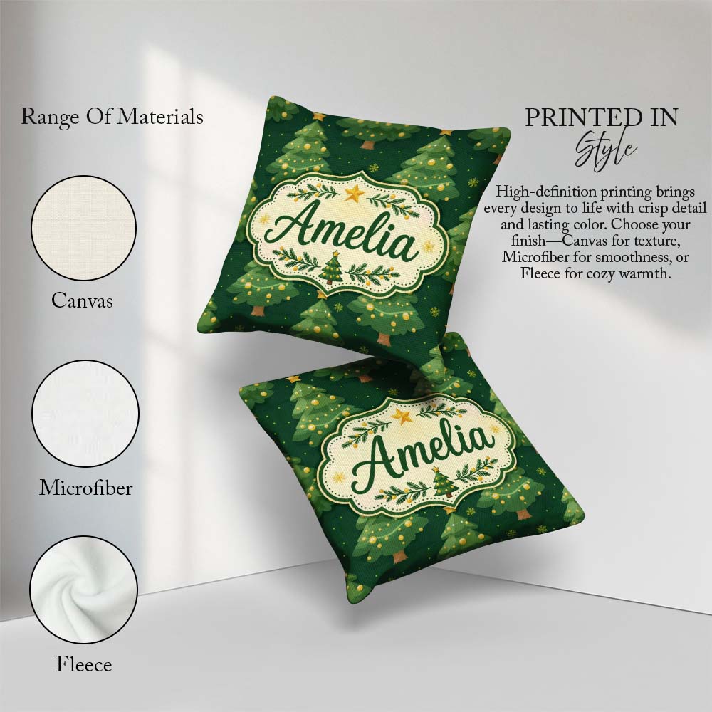 Custom Name Cartoon Trees with Golden Baubles and Stars Seamless Square Filled Cushion Throw Pillow Sofa Bed Home Decor Zip Washable UK Made