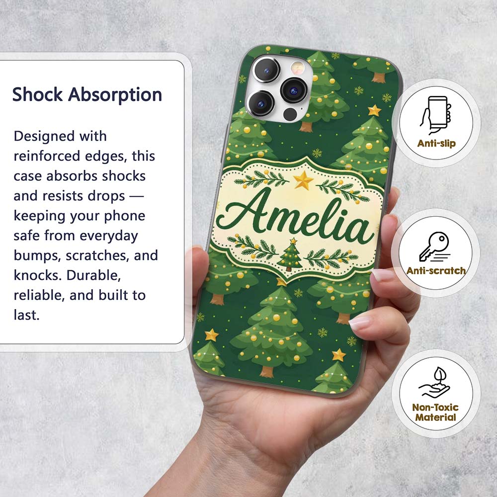 Cartoon Christmas Trees with Golden Baubles and Custom Name Protective Phone Case Mobile Cover Durable Everyday Smartphone Shock Resistant