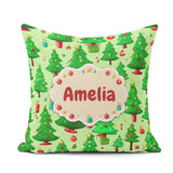 Custom Name Green Christmas Trees with Gifts Candy and Ornaments Square Filled Cushion Throw Pillow Sofa Bed Home Decor Zip Washable UK Made