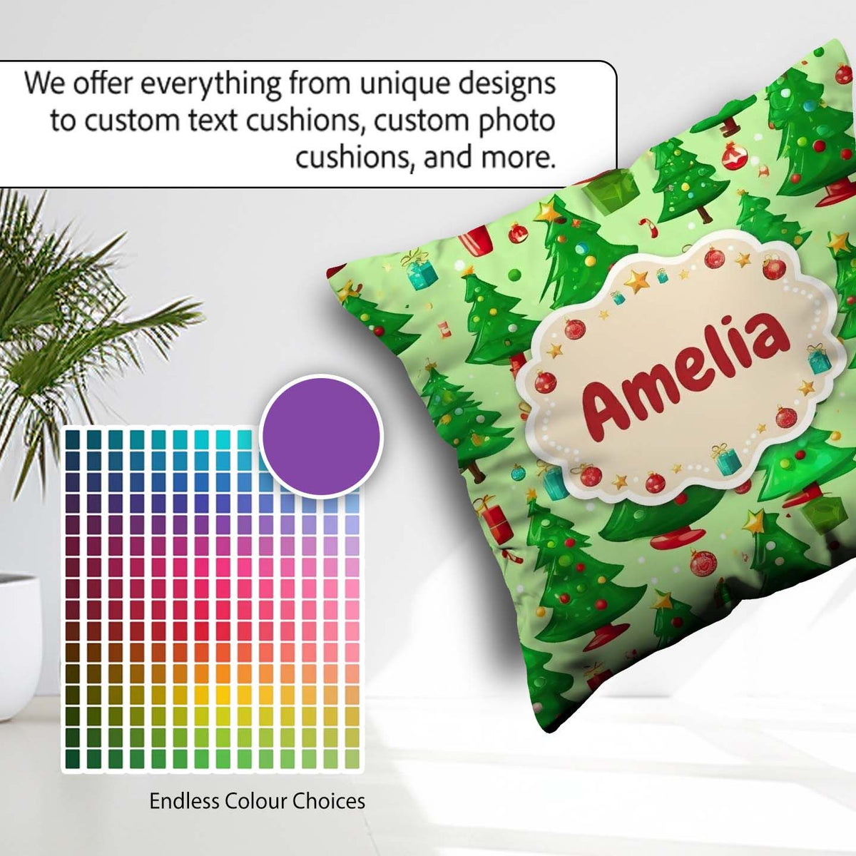 Custom Name Green Christmas Trees with Gifts Candy and Ornaments Square Filled Cushion Throw Pillow Sofa Bed Home Decor Zip Washable UK Made