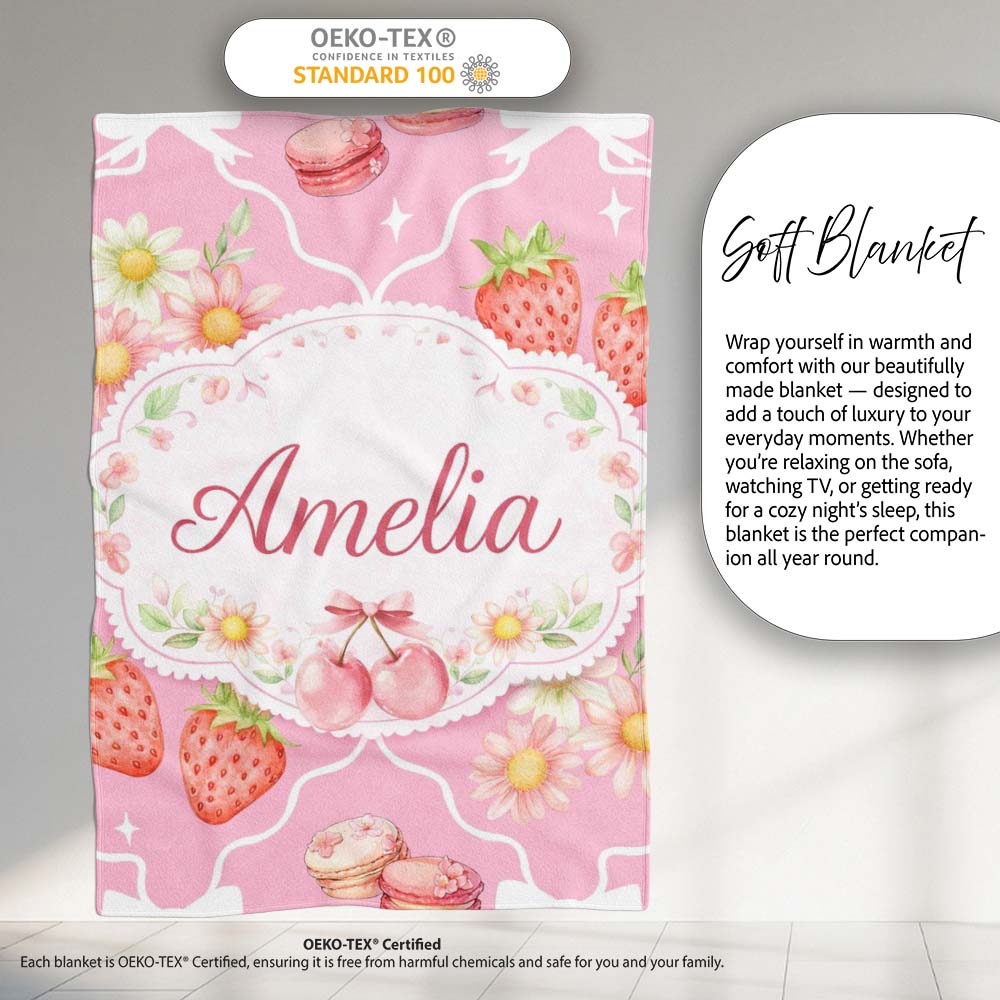 Strawberry Cherry Daisy Seamless Bright Pink Cute Coquette Floral  Personalised Custom Name Super Soft Fleece Blanket Bed Sofa Throw