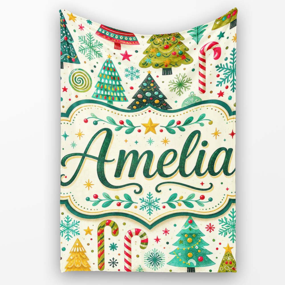 Festive Christmas Trees Candy Canes Snowflakes Stars Baubles Holiday  Personalised Custom Name Super Soft Fleece Blanket Bed Sofa Throw