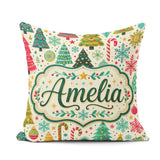 Custom Name Festive Christmas Trees Candy Canes Snowflakes Stars Square Filled Cushion Throw Pillow Sofa Bed Home Decor Zip Washable UK Made