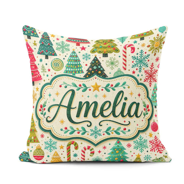 Custom Name Festive Christmas Trees Candy Canes Snowflakes Stars Square Filled Cushion Throw Pillow Sofa Bed Home Decor Zip Washable UK Made