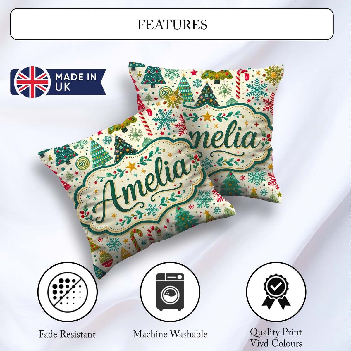 Custom Name Festive Christmas Trees Candy Canes Snowflakes Stars Square Filled Cushion Throw Pillow Sofa Bed Home Decor Zip Washable UK Made