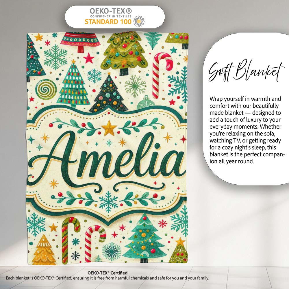 Festive Christmas Trees Candy Canes Snowflakes Stars Baubles Holiday  Personalised Custom Name Super Soft Fleece Blanket Bed Sofa Throw