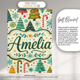 Festive Christmas Trees Candy Canes Snowflakes Stars Baubles Holiday  Personalised Custom Name Super Soft Fleece Blanket Bed Sofa Throw
