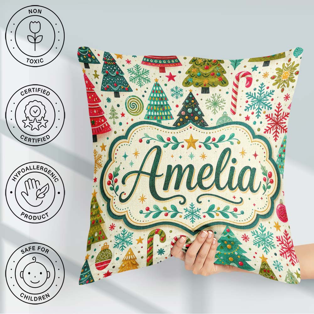 Custom Name Festive Christmas Trees Candy Canes Snowflakes Stars Square Filled Cushion Throw Pillow Sofa Bed Home Decor Zip Washable UK Made
