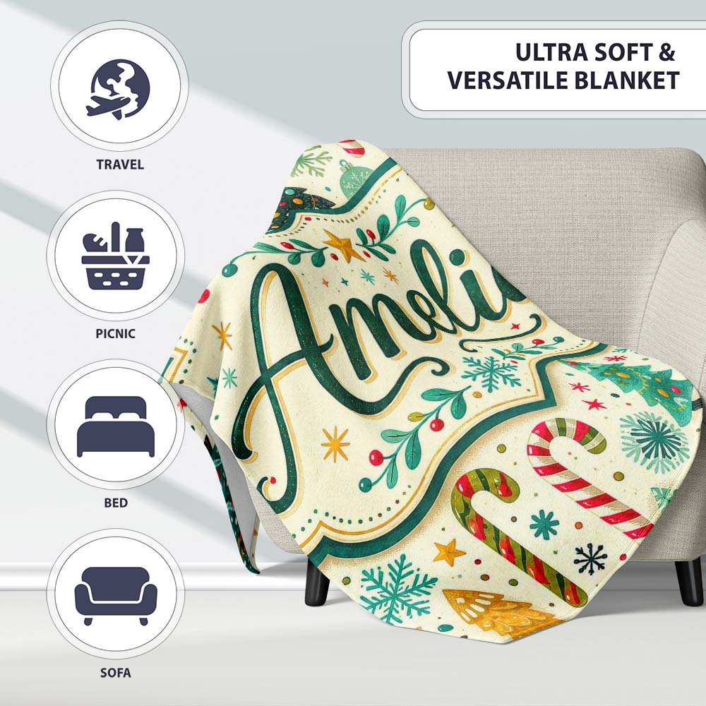 Festive Christmas Trees Candy Canes Snowflakes Stars Baubles Holiday  Personalised Custom Name Super Soft Fleece Blanket Bed Sofa Throw