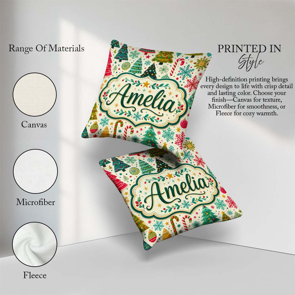 Custom Name Festive Christmas Trees Candy Canes Snowflakes Stars Square Filled Cushion Throw Pillow Sofa Bed Home Decor Zip Washable UK Made