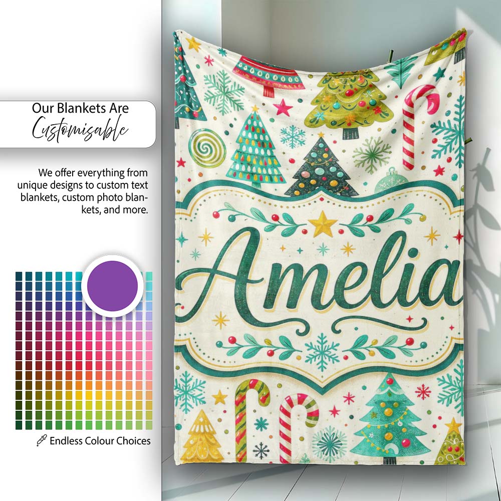 Festive Christmas Trees Candy Canes Snowflakes Stars Baubles Holiday  Personalised Custom Name Super Soft Fleece Blanket Bed Sofa Throw
