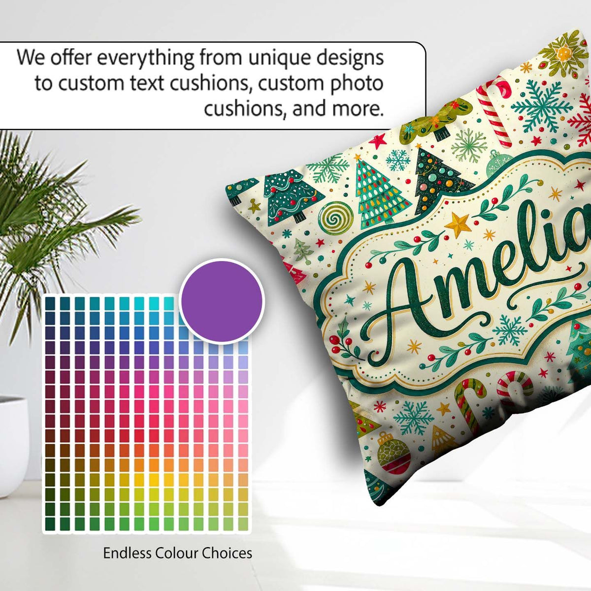 Custom Name Festive Christmas Trees Candy Canes Snowflakes Stars Square Filled Cushion Throw Pillow Sofa Bed Home Decor Zip Washable UK Made