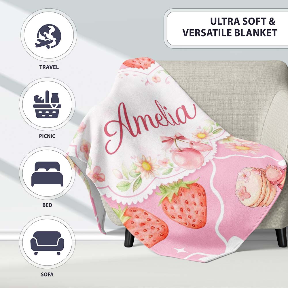 Strawberry Cherry Daisy Seamless Bright Pink Cute Coquette Floral  Personalised Custom Name Super Soft Fleece Blanket Bed Sofa Throw