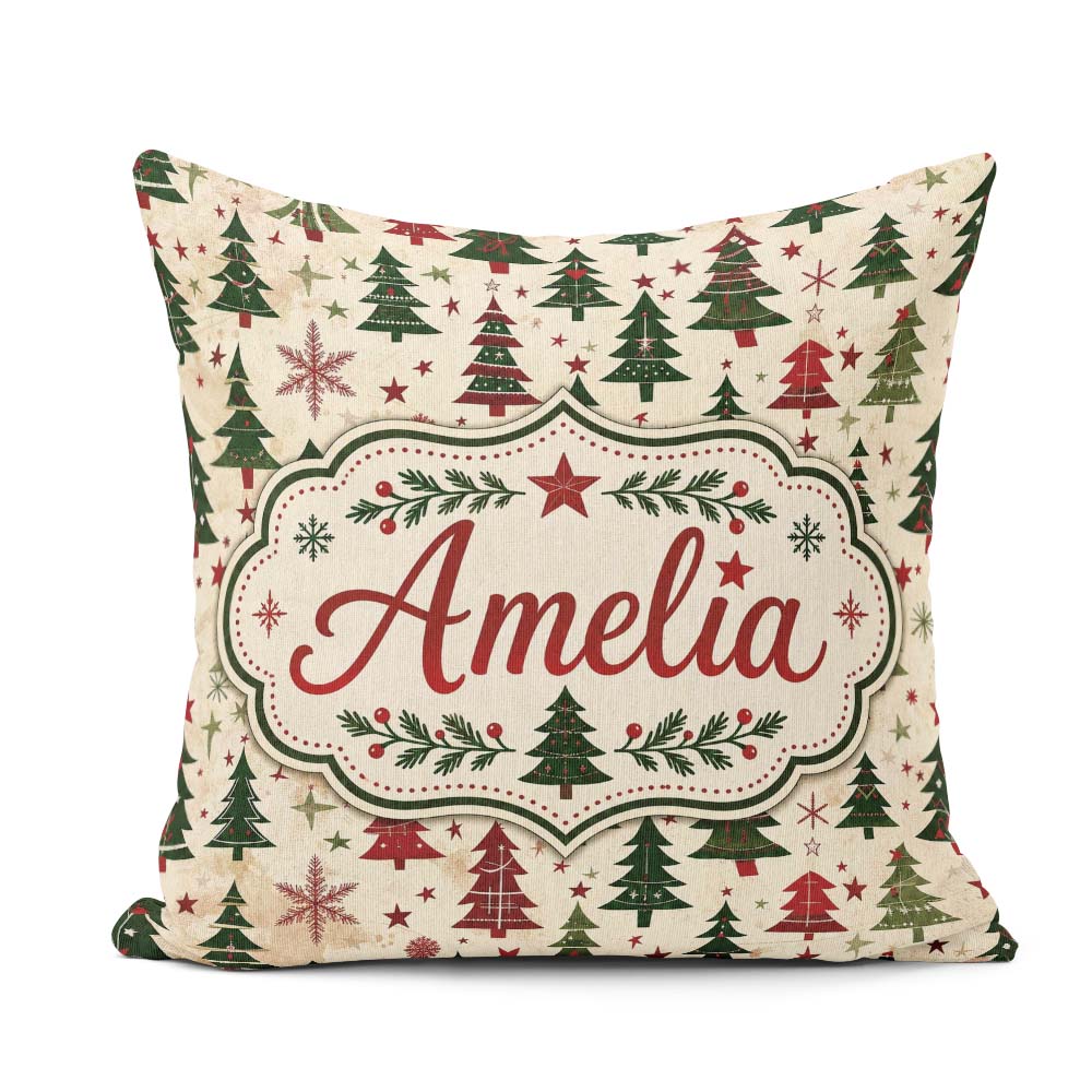 Custom Name Classic Trees with Red Stars and Snowflakes Seamless Square Filled Cushion Throw Pillow Sofa Bed Home Decor Zip Washable UK Made