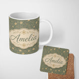 Personalized Custom Name Vintage Olive Floral Vine Pattern with Soft Gold Detailed Flowers 11oz Ceramic Coffee Tea Mug White Large Handle