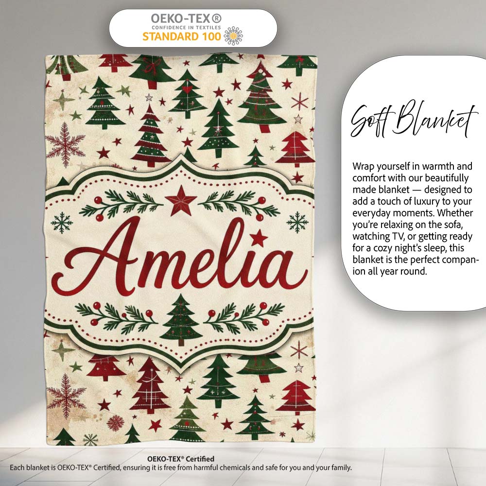 Classic Holiday Trees with Red Stars and Snowflakes Vintage Seamless  Personalised Custom Name Super Soft Fleece Blanket Bed Sofa Throw