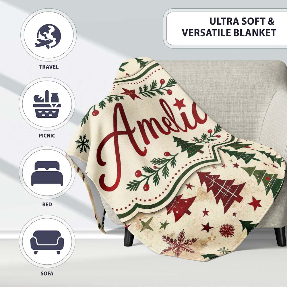Classic Holiday Trees with Red Stars and Snowflakes Vintage Seamless  Personalised Custom Name Super Soft Fleece Blanket Bed Sofa Throw