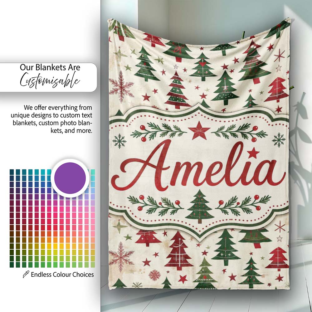 Classic Holiday Trees with Red Stars and Snowflakes Vintage Seamless  Personalised Custom Name Super Soft Fleece Blanket Bed Sofa Throw