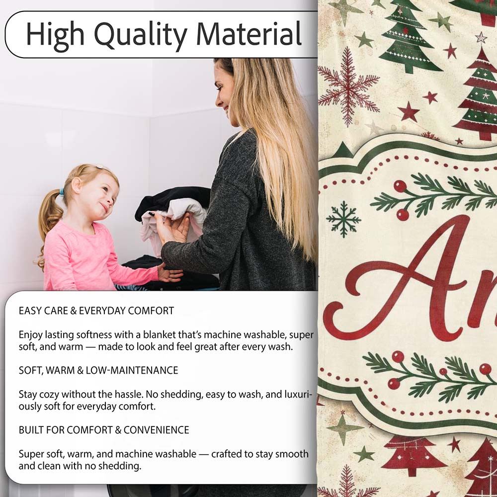 Classic Holiday Trees with Red Stars and Snowflakes Vintage Seamless  Personalised Custom Name Super Soft Fleece Blanket Bed Sofa Throw