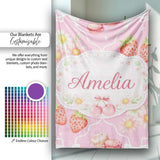 Strawberry Cherry Daisy Seamless Bright Pink Cute Coquette Floral  Personalised Custom Name Super Soft Fleece Blanket Bed Sofa Throw