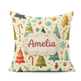 Custom Name Whimsical Christmas Trees Candy Canes and Snowflakes Square Filled Cushion Throw Pillow Sofa Bed Home Decor Zip Washable UK Made