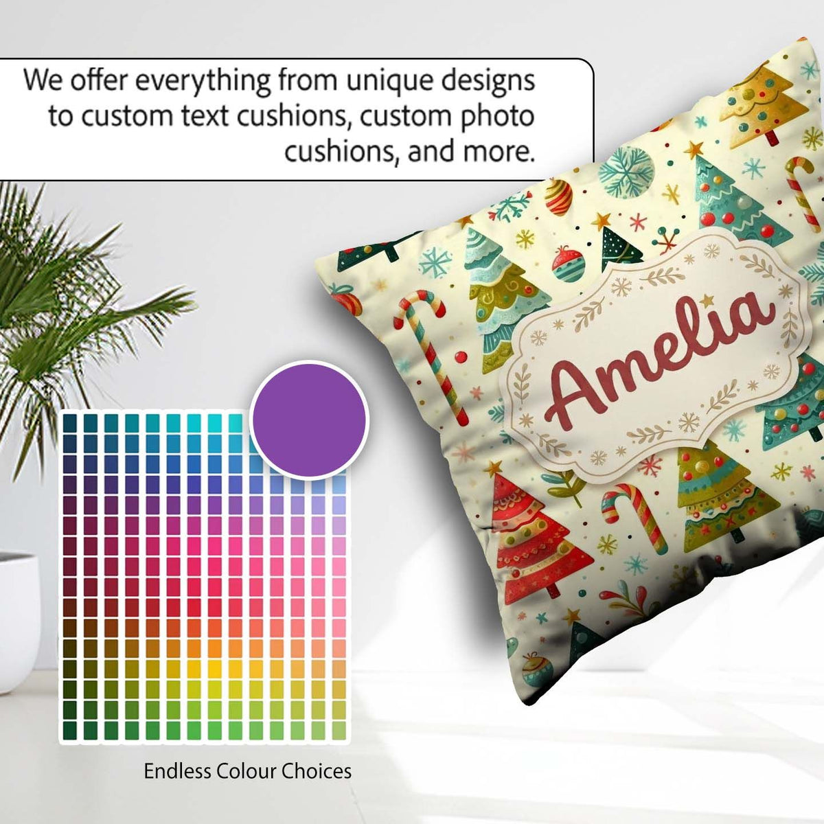 Custom Name Whimsical Christmas Trees Candy Canes and Snowflakes Square Filled Cushion Throw Pillow Sofa Bed Home Decor Zip Washable UK Made