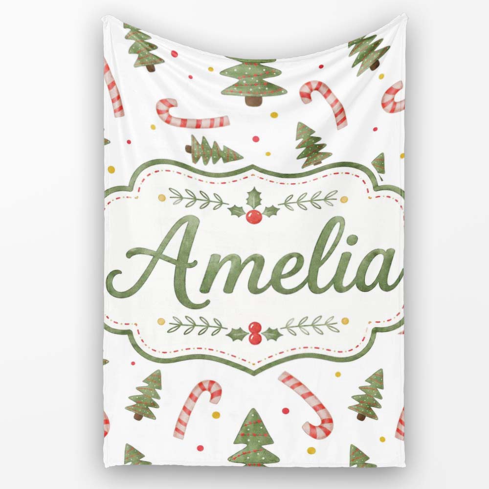 Christmas Trees Candy Canes Snowflakes Holiday Seamless Pattern  Personalised Custom Name Super Soft Fleece Blanket Bed Sofa Throw