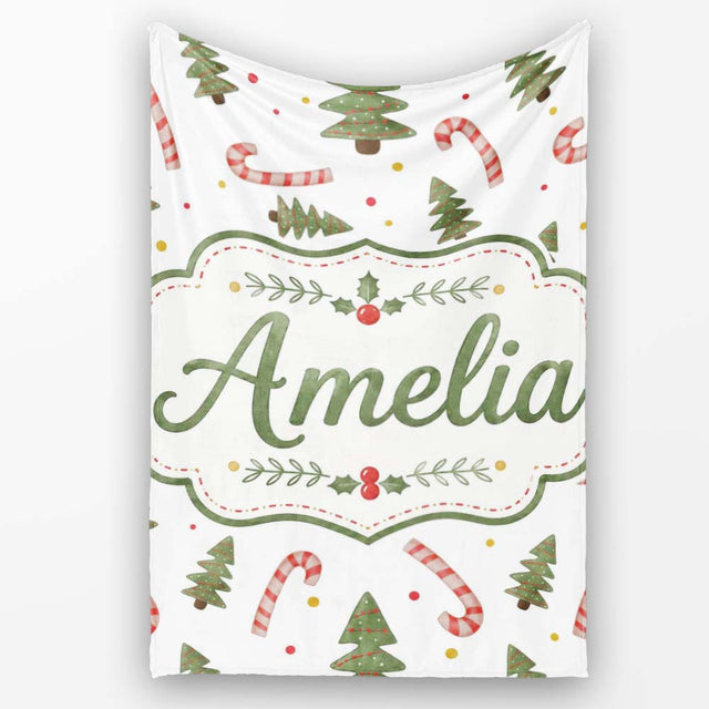 Christmas Trees Candy Canes Snowflakes Holiday Seamless Pattern  Personalised Custom Name Super Soft Fleece Blanket Bed Sofa Throw