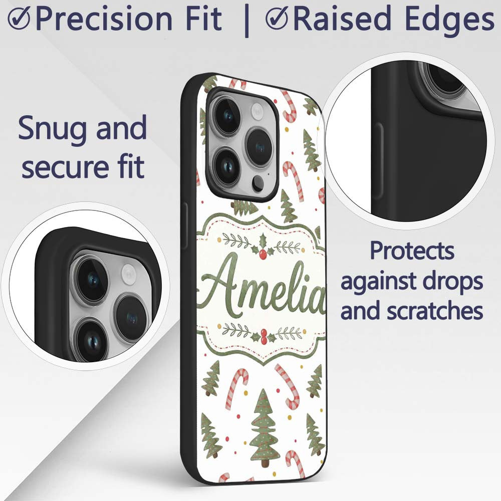 Christmas Trees Candy Canes Snowflakes Holiday Custom Name Protective Phone Case Mobile Cover Durable Everyday Smartphone Shock Resistant