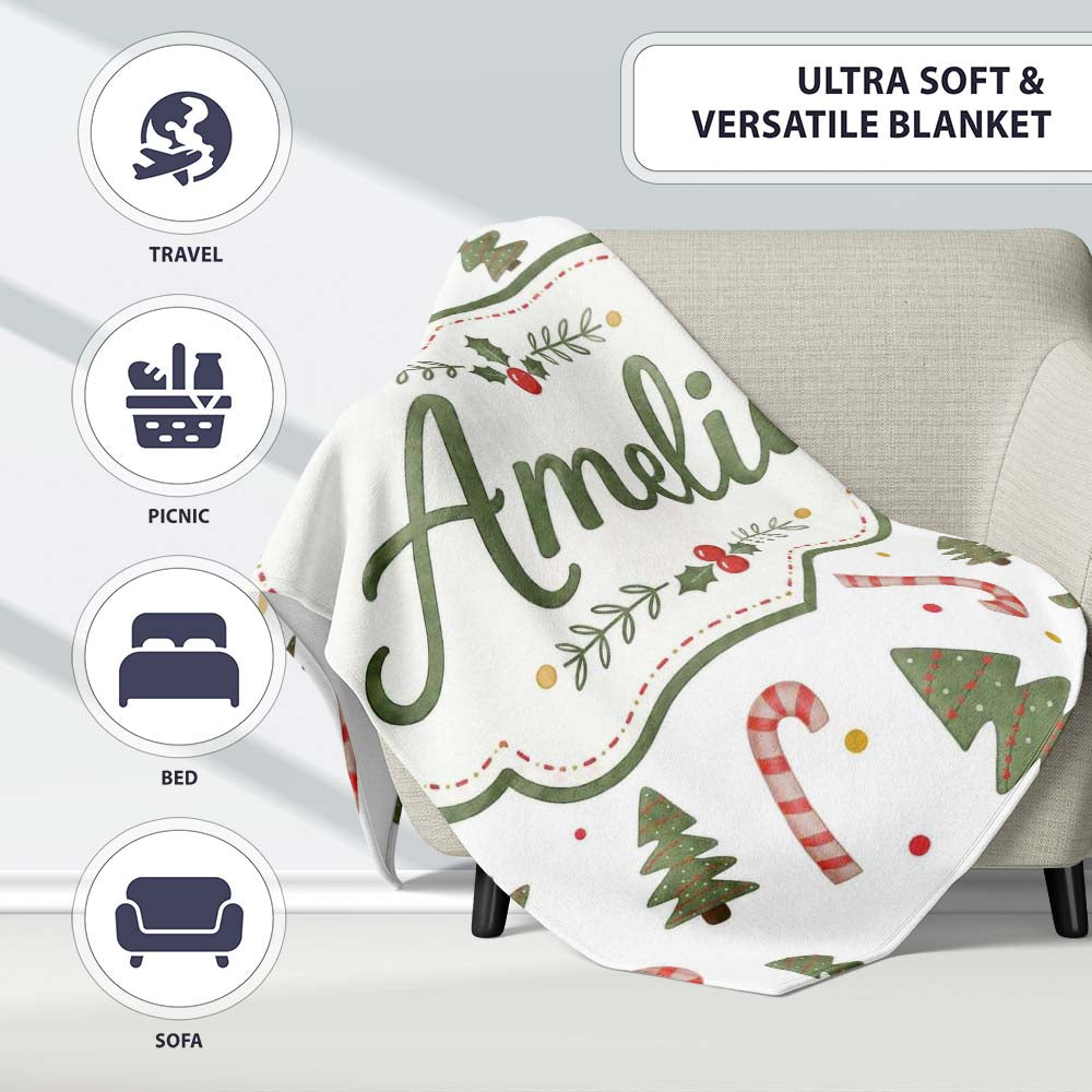 Christmas Trees Candy Canes Snowflakes Holiday Seamless Pattern  Personalised Custom Name Super Soft Fleece Blanket Bed Sofa Throw