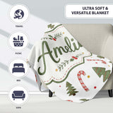Christmas Trees Candy Canes Snowflakes Holiday Seamless Pattern  Personalised Custom Name Super Soft Fleece Blanket Bed Sofa Throw
