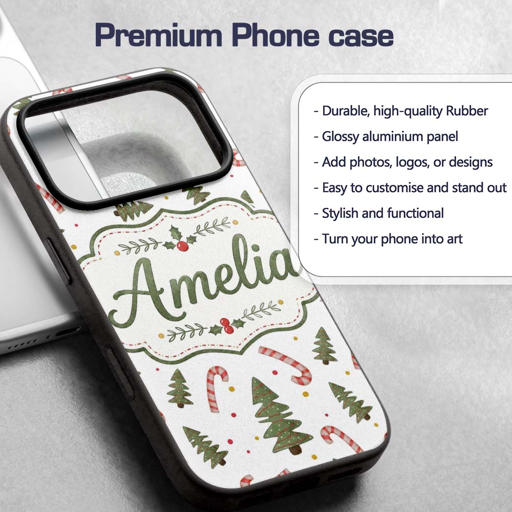 Christmas Trees Candy Canes Snowflakes Holiday Custom Name Protective Phone Case Mobile Cover Durable Everyday Smartphone Shock Resistant